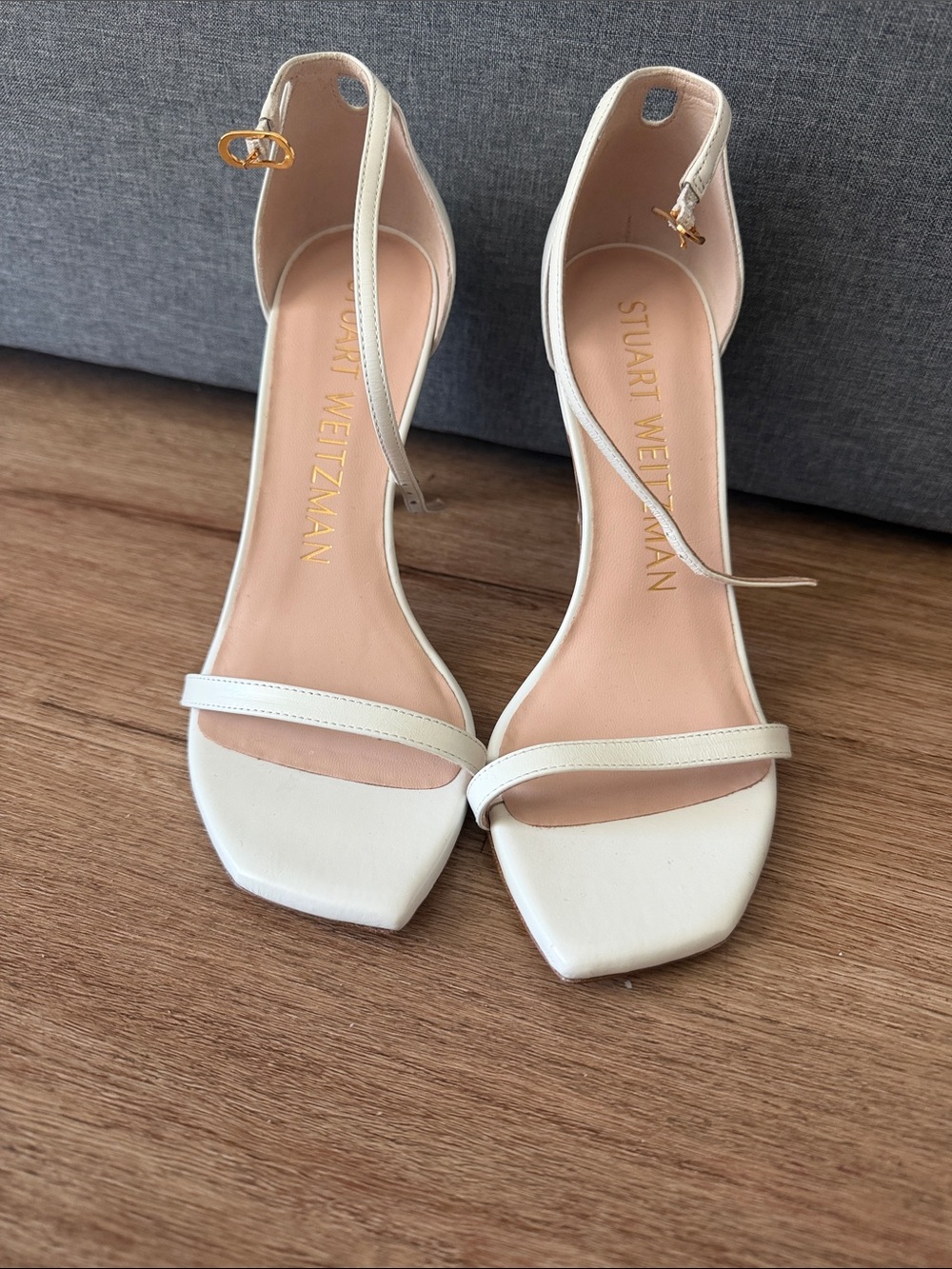 Stuart Weitzman Ivory/White Square-Toe Ankle-Strap Heels